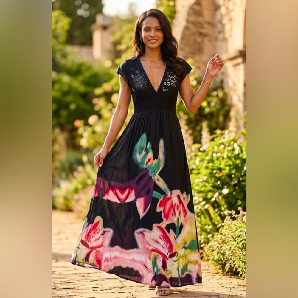 Black Maxi Dress with Vibrant Floral Print